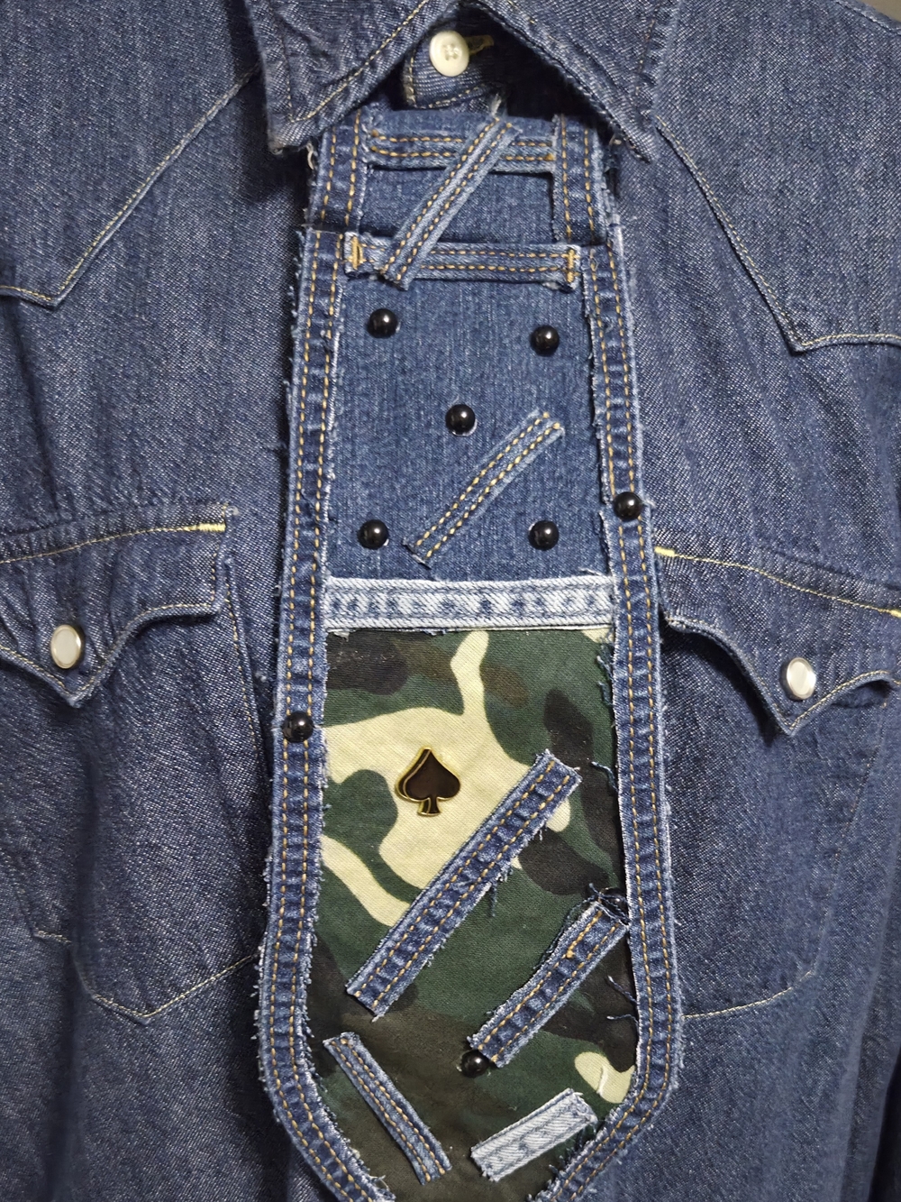 Women's Blue Upcycled Denim Necktie with Camouflage Panel
